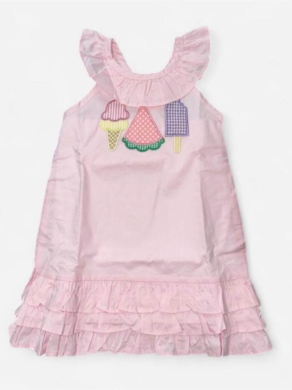 Stitchy Fish Girls' Light Pink Ruffle Hem Dress with Summer Appliqués